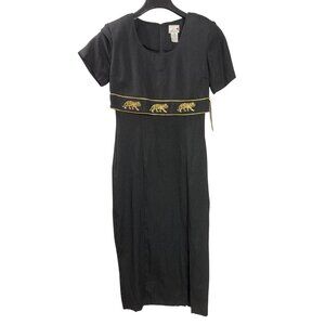 Vintage 90s Scarlett Black Maxi Dress Gold Tiger Embroidery 10 Back Tie New
